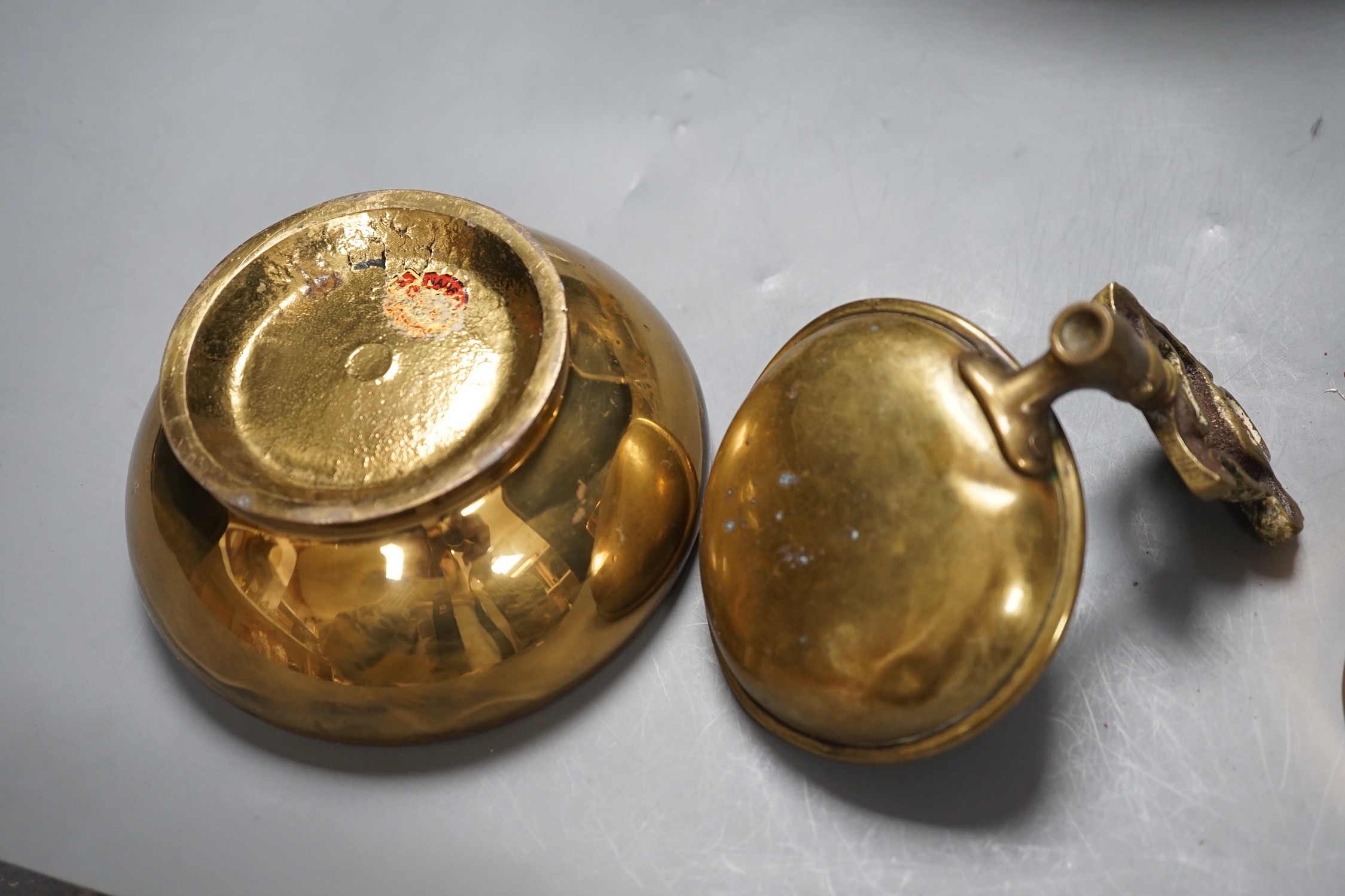 A bronze censer, a pair of secessionist style candle sticks and three other items, bronze censer 20 cms wide
